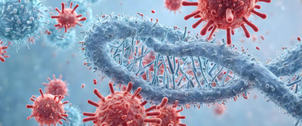 Photo illustration of virus cells attacking a DNA strand