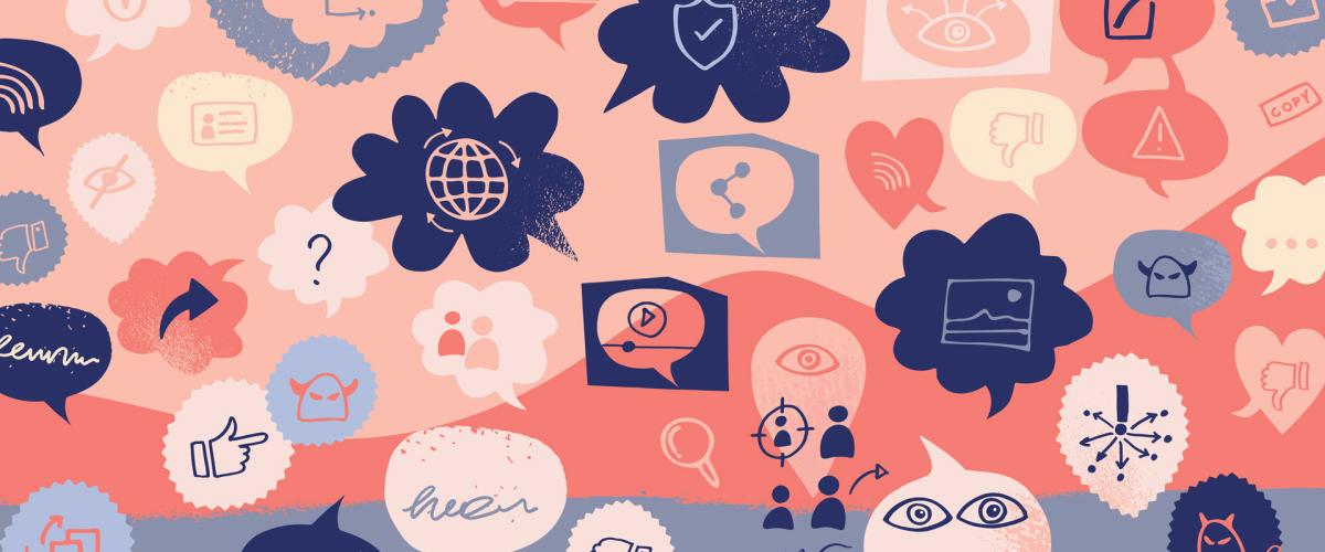 Photo illustration of icons representing different social media icons and actions in thought bubbles