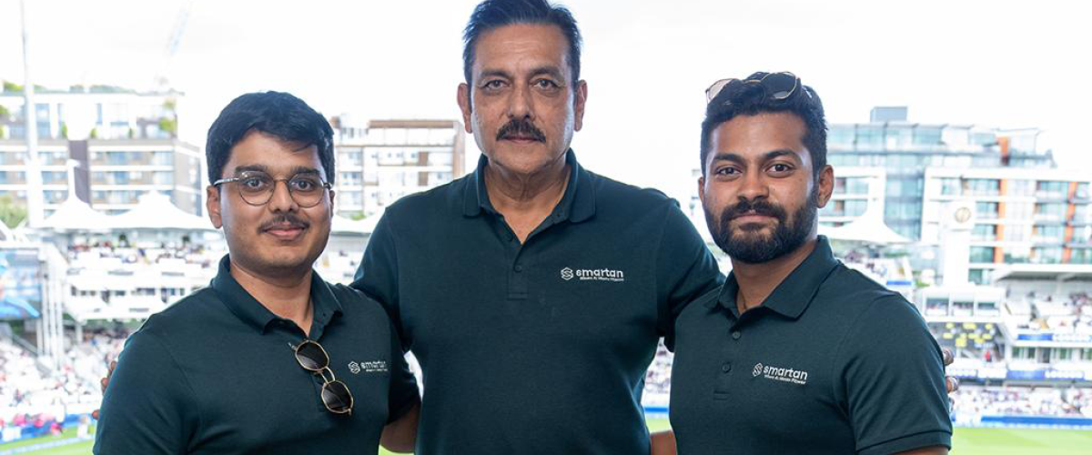 The Smartan.ai team of Sanjay Thiyagarajan, Ravi Shastri and Arunesh Raja pose for a photo outside