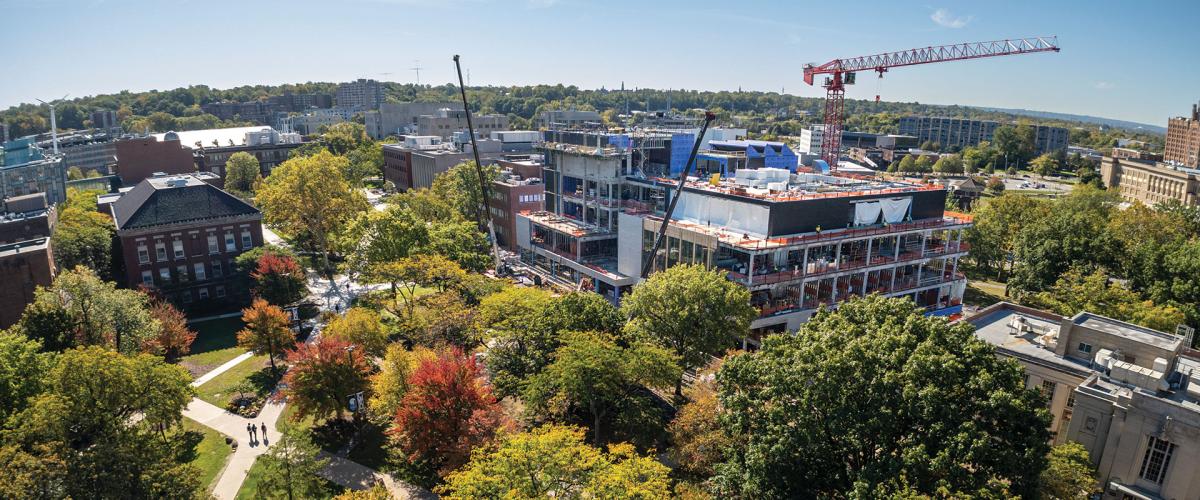 CWRU quad drone photo showing progress on the ISEB building