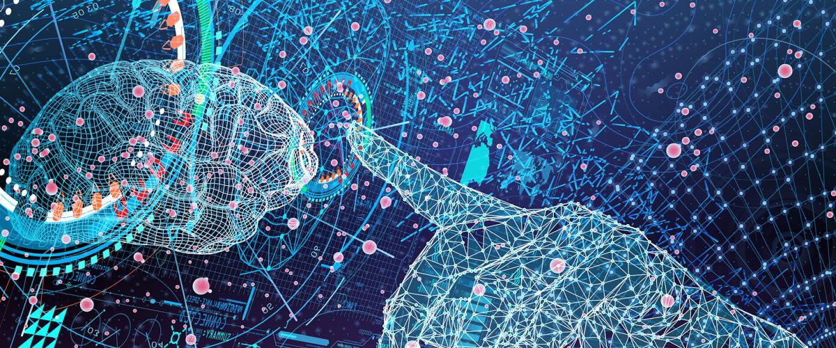 Photo illustration representing advanced medical technologies with a digitized brain and hand