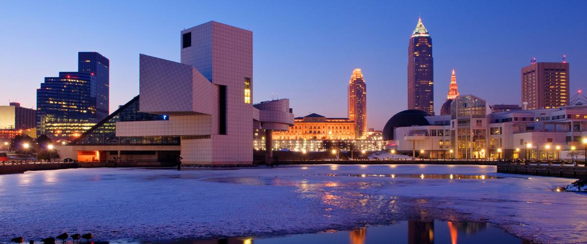 Photo of Downtown Cleveland with the icy lake in the foreground