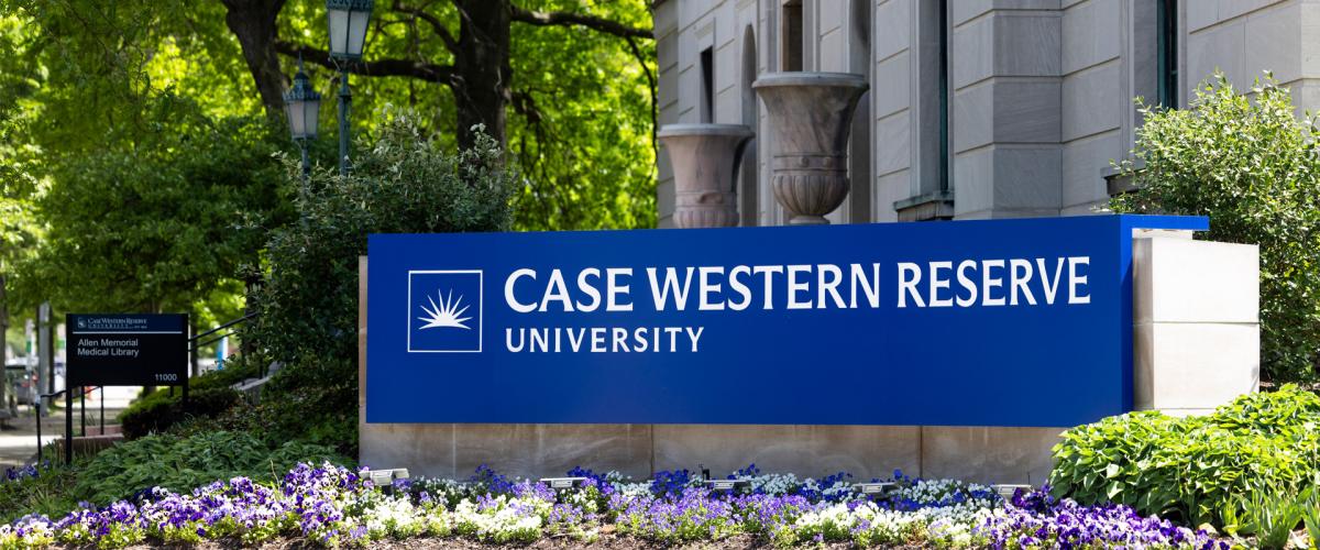 Bright blue sign reading "Case Western Reserve University"