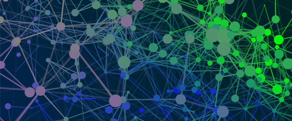 Dots connected with colorful lines on a dark blue background