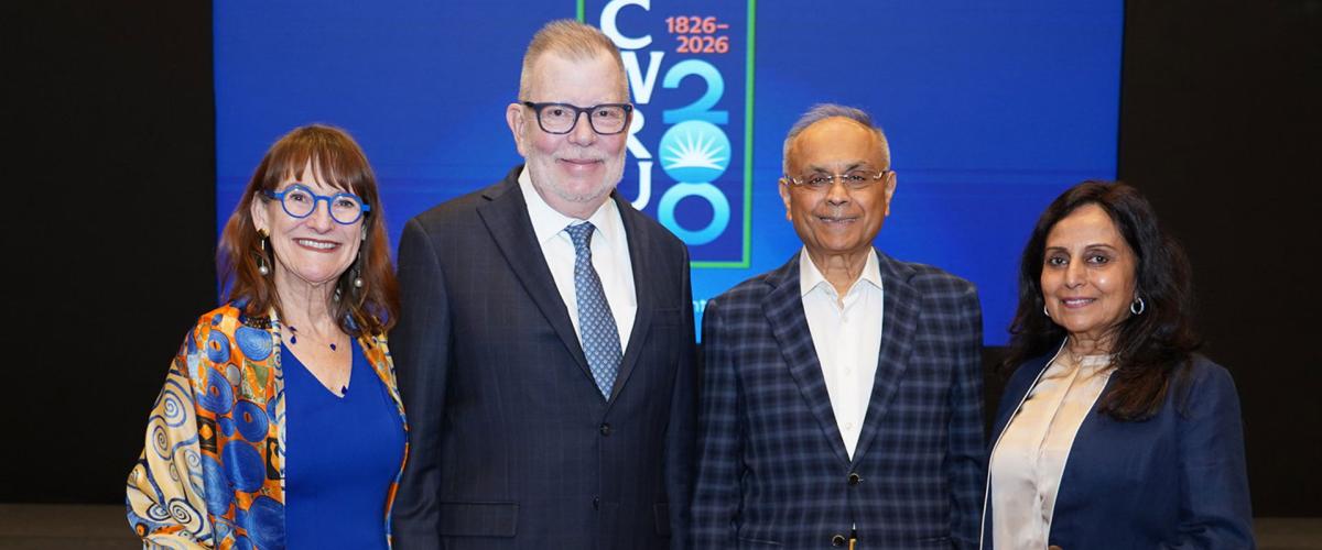 Mrs. Karen F. Kaler and President Eric W. Kaler posing with Shailesh and Kalpa Mehta at the bicentennial event in Mumbai.