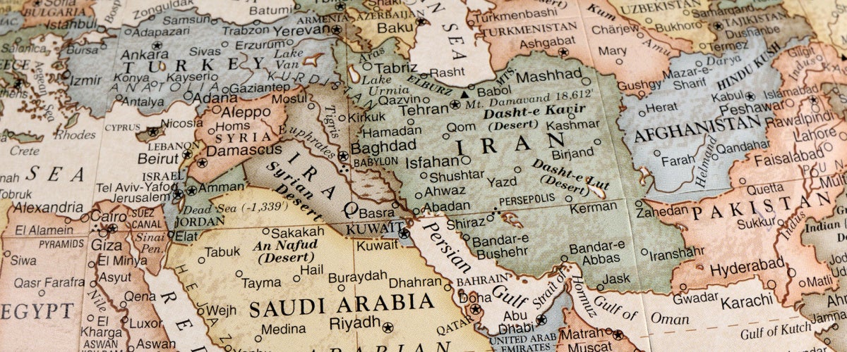 Photo of a map of the Middle East with a focus on Iran