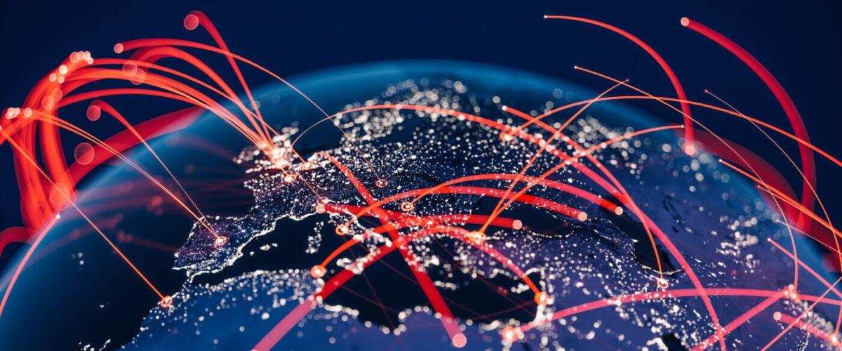 Blue Globe viewing from space at night with connections between cities.