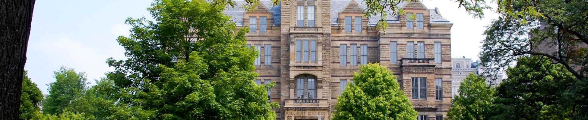An outside shot of Adelbert Hall from the Quad.