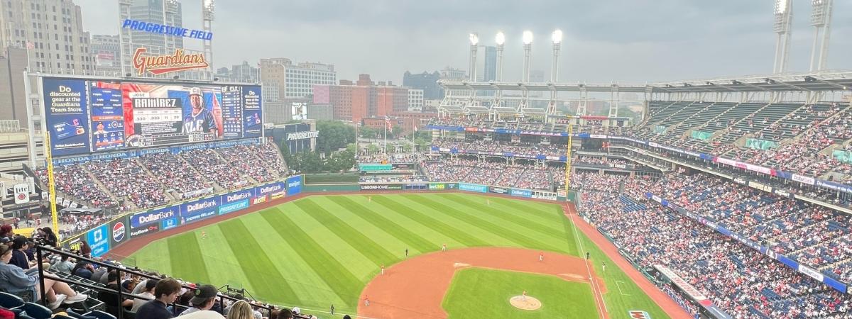 The mood of a cloudy day adds atmosphere to a Cleveland Guardians game. Photo by Ify Chidi.