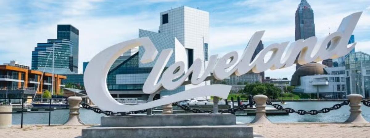 View of downtown Cleveland with Cleveland sign