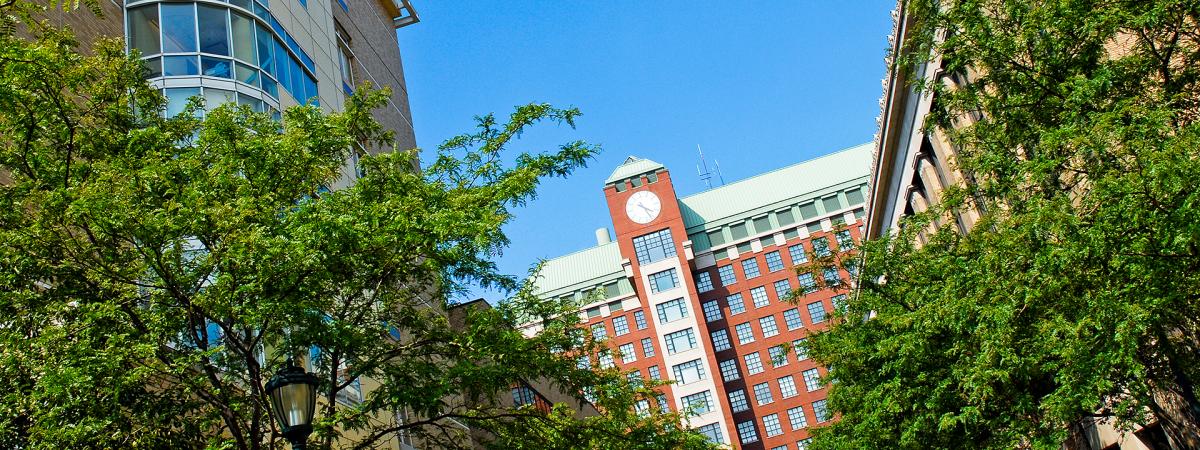 Clock tower outside the biomedical research building