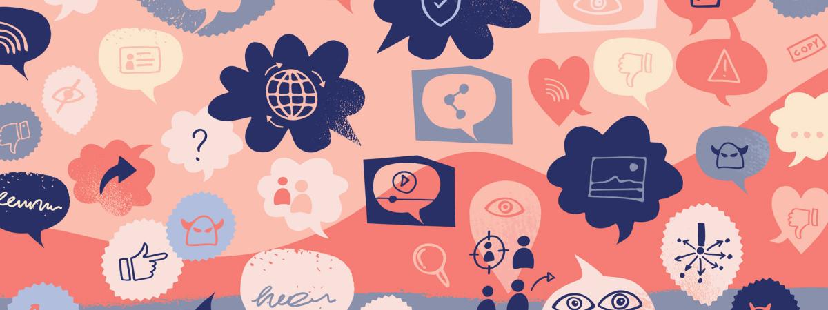 Photo illustration of icons representing different social media icons and actions in thought bubbles