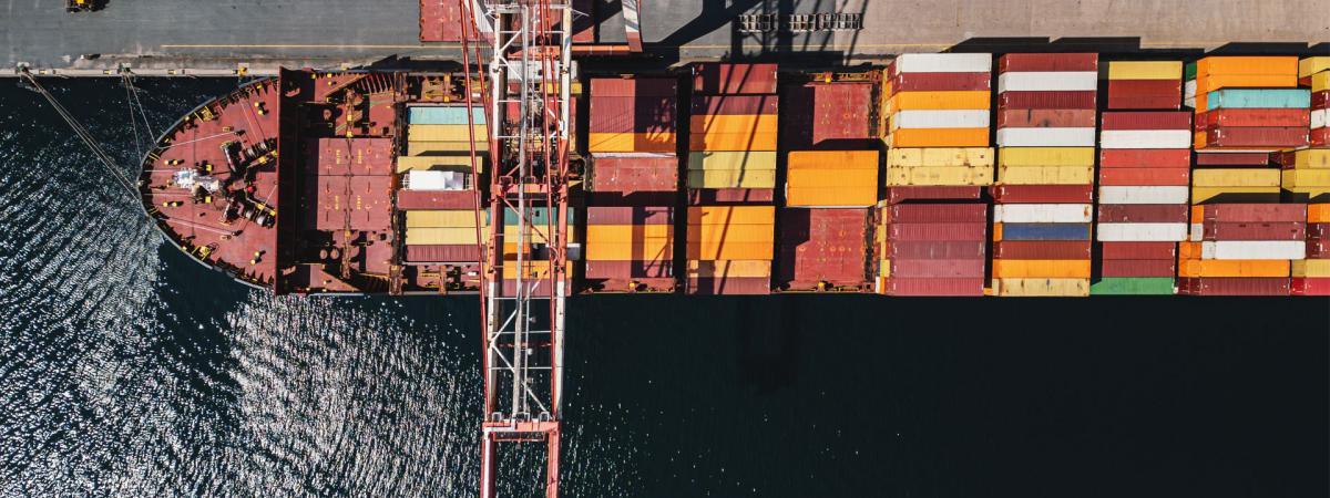 Overhead photo of a docked container ship