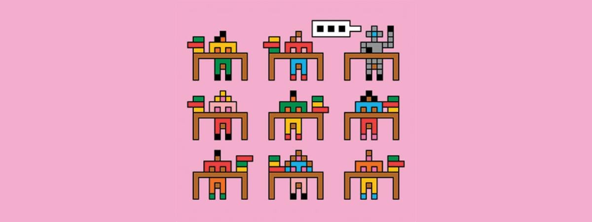 Pixel art of nine figures at desks against a pink background. The upper-right figure, having a robot-like look, raises a hand with a speech bubble above, symbolizing communication.
