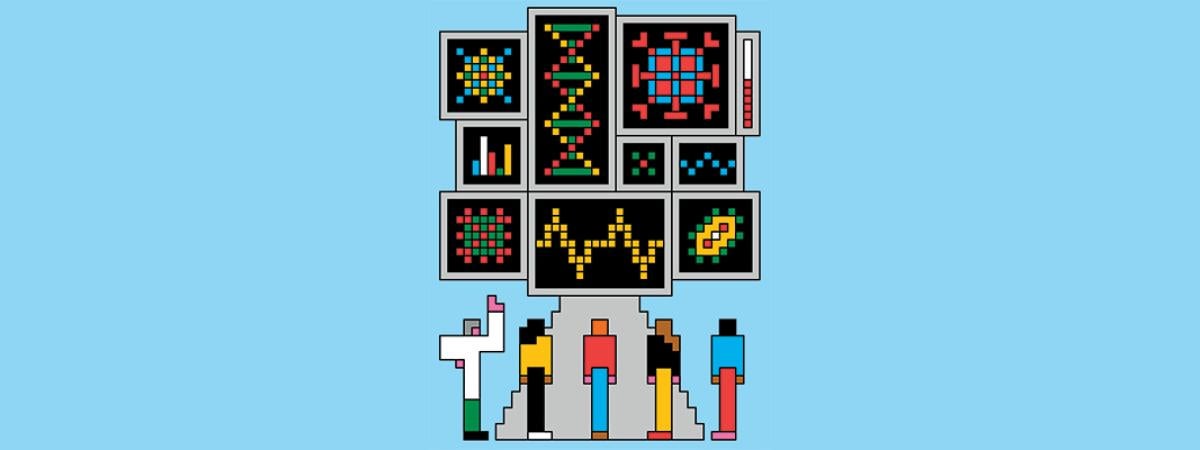 Illustration of people looking up a computer pixels