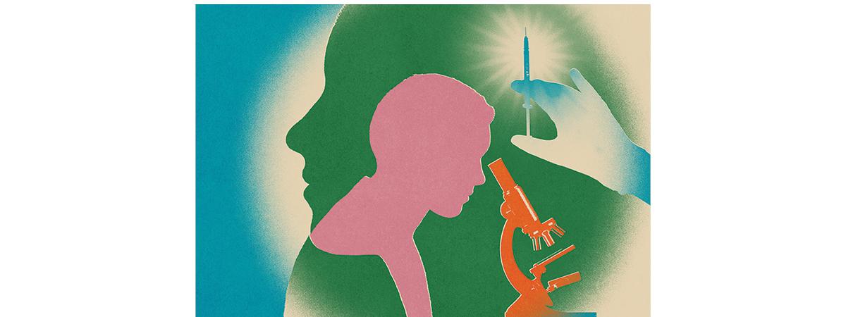 Illustration of person looking into microscope of needle in background