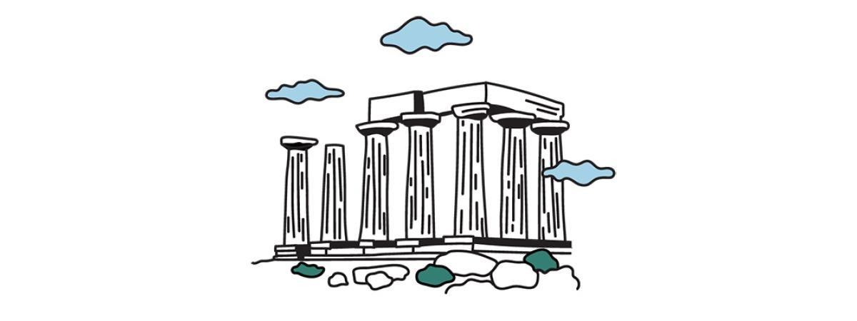A black and white illustration of ancient Greek ruins with columns and a partial roof.