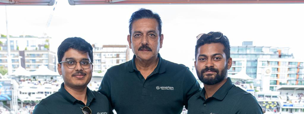 The Smartan.ai team of Sanjay Thiyagarajan, Ravi Shastri and Arunesh Raja pose for a photo outside