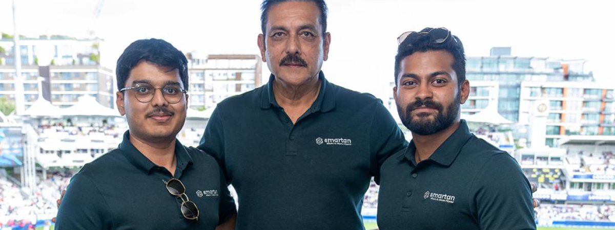 The Smartan.ai team of Sanjay Thiyagarajan, Ravi Shastri and Arunesh Raja pose for a photo outside