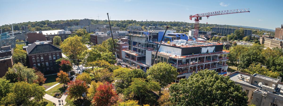 CWRU quad drone photo showing progress on the ISEB building
