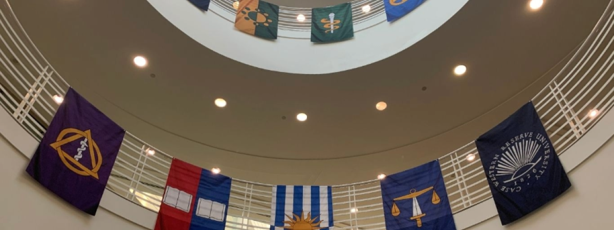 Image of a large stairway area with banners displayed across railings