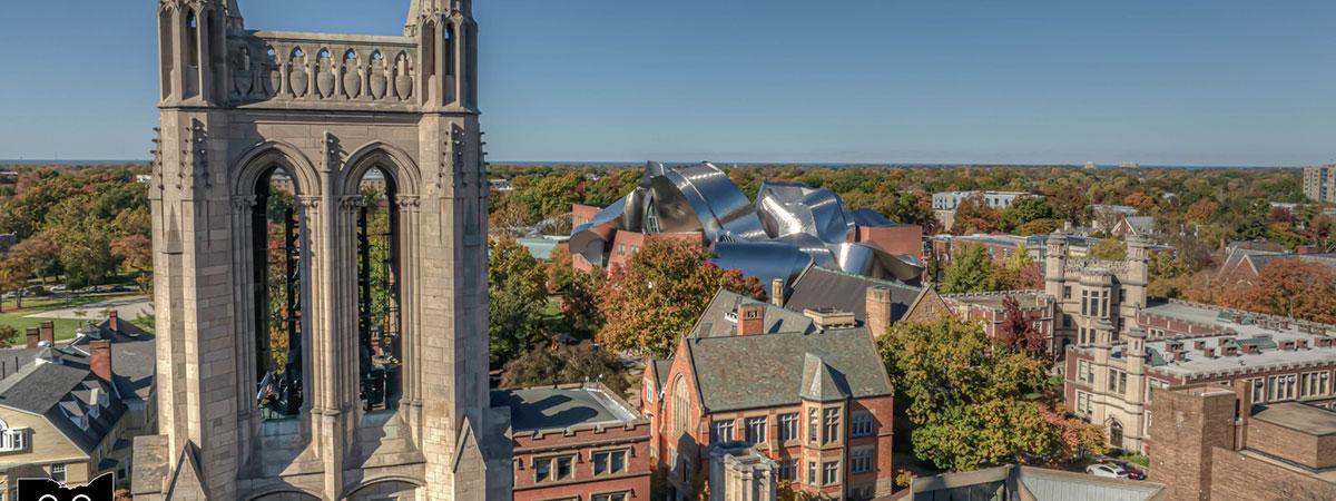 Aerial photo of the CWRU campus with the McGaffin Carillon in the foreground