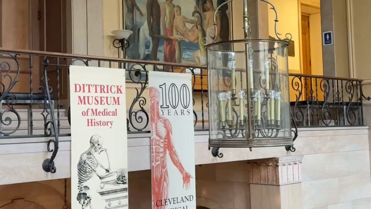 A balcony with banners inside the Allen Memorial Medical Library.