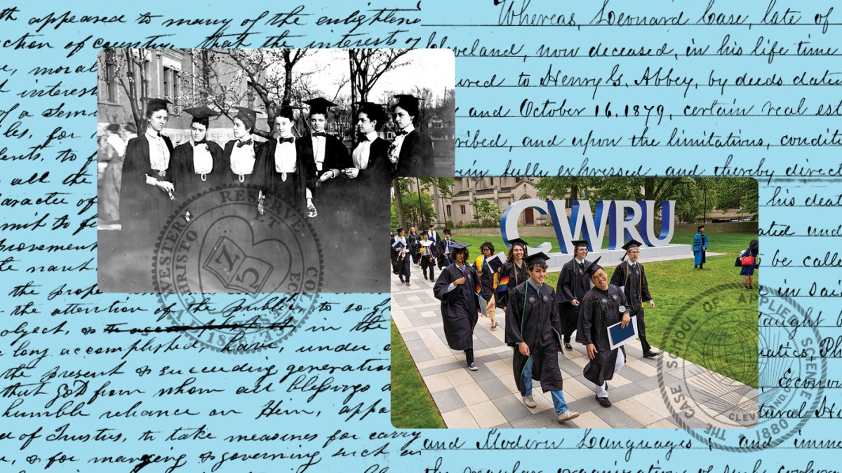 To the left, an old photo of graduates in black and white, overlaying cursive text. To the right, a photo of modern graduates walking past a CWRU sign, celebrating diversity in education.