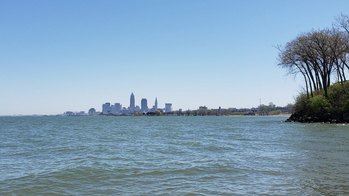 A calm lake with gentle waves is in front of the Cleveland skyline, visible in the distance. A cluster of trees stands on the right shoreline.