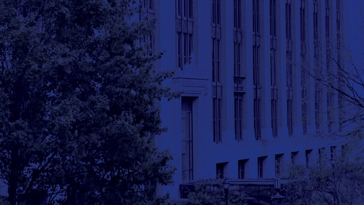 A blue-tinted image shows a large, multi-story building with numerous vertical windows on the right. Leafy trees frame the left and right sides.