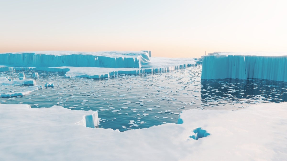 Polar landscape with melting ice in the sea at the Artic