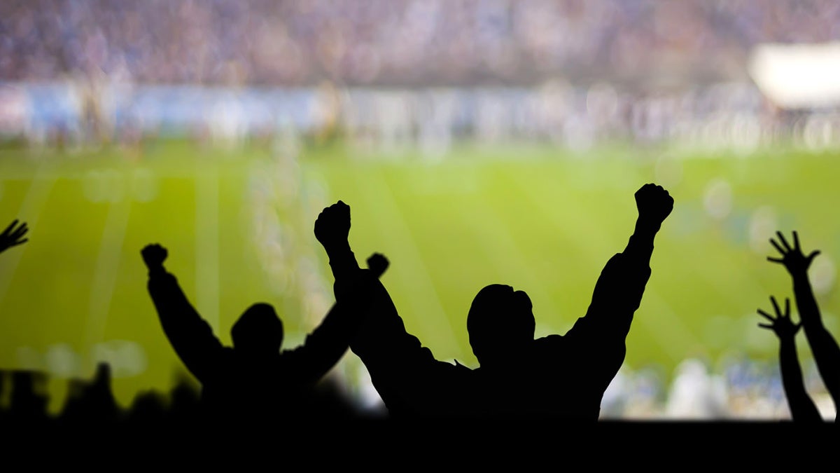 Photo of the silhouettes of fans cheering with a soccer stadium field in front of them