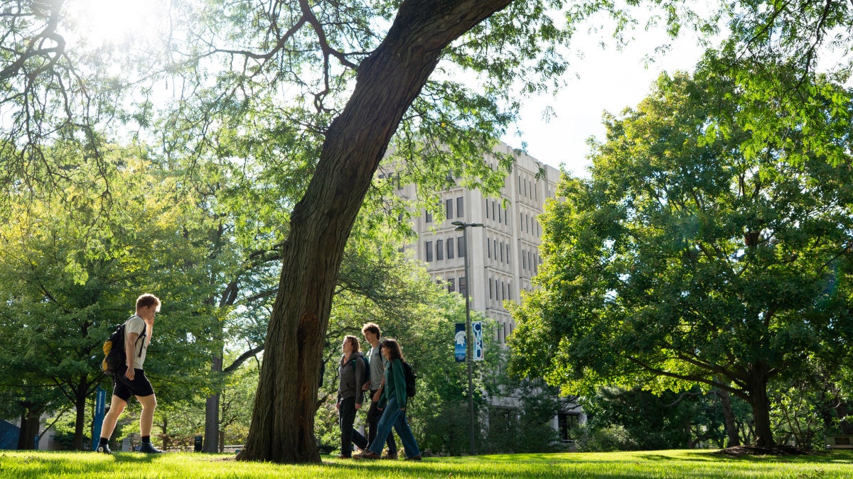 CWRU students walking through Case Quad on a sunny day.