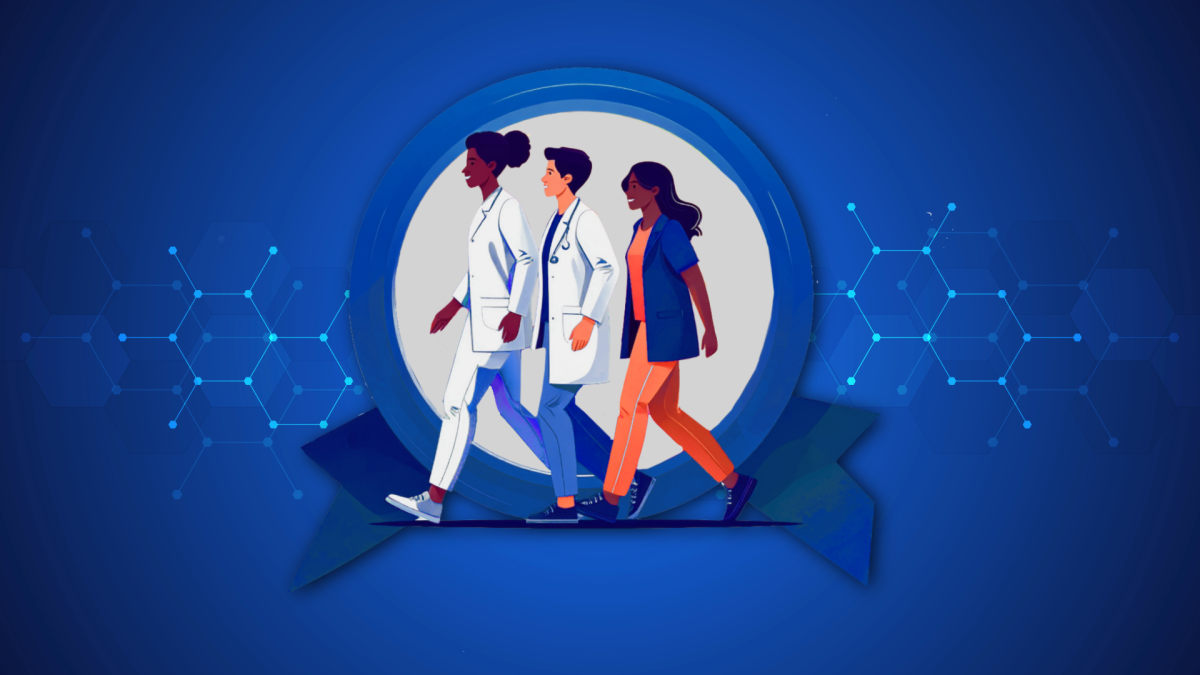 Research people walking across a blue ribbon