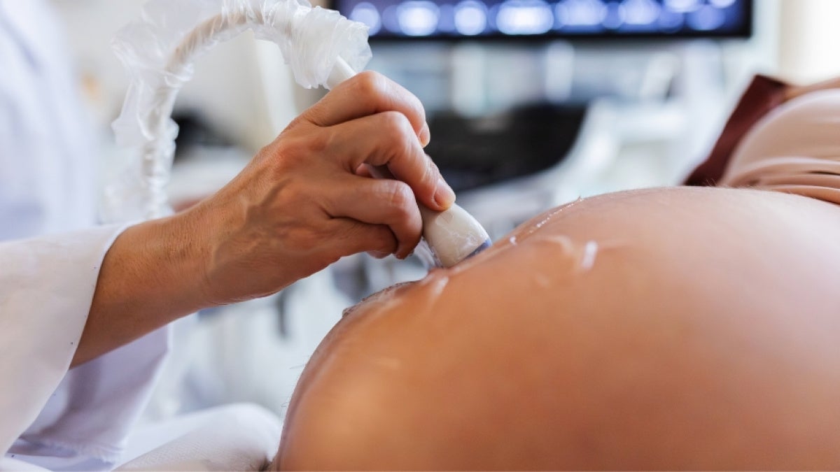 Doctor performs ultrasound scan on pregnant woman's belly