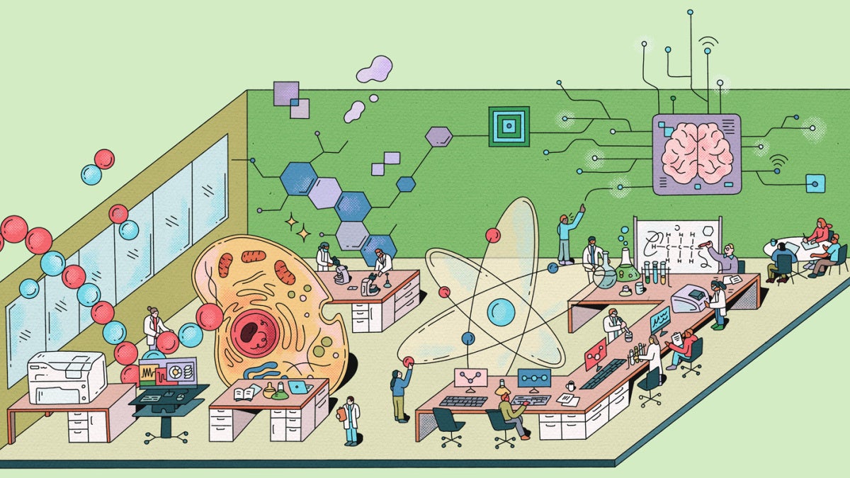 Illustration of a drug-discovery research lab in the Interdisciplinary Science and Engineering Building, where researchers work at benches and computer desks beneath a giant cell, an atom model, a molecular chain, and a wall-mounted brain connected to circuitry.