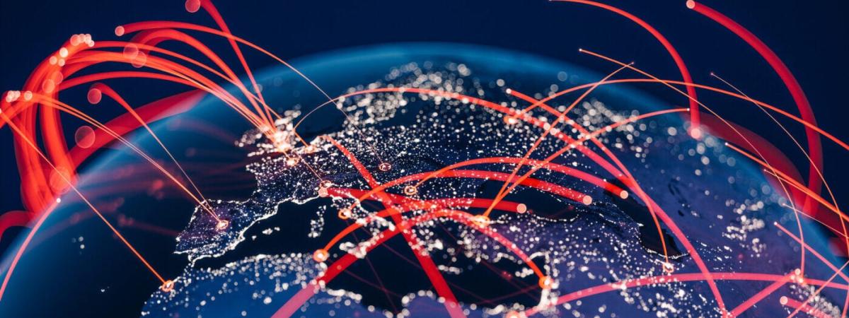 Blue Globe viewing from space at night with connections between cities.