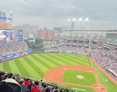 The mood of a cloudy day adds atmosphere to a Cleveland Guardians game. Photo by Ify Chidi.