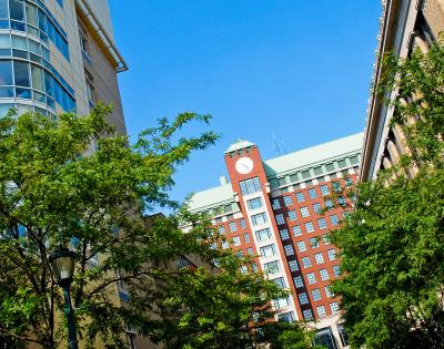 Clock tower outside the biomedical research building