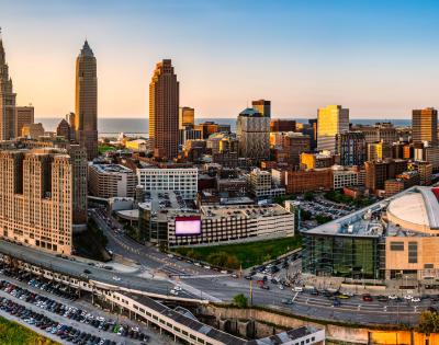 Panoramic photo of Cleveland as the sun sets