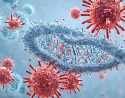 Photo illustration of virus cells attacking a DNA strand
