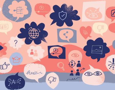 Photo illustration of icons representing different social media icons and actions in thought bubbles