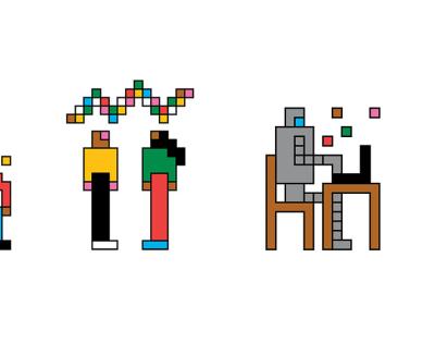 Four pixel illustrations doing various activities.