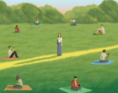 An illustration of people sitting on blankets in a grassy field, all alone and absorbed with their phones, while one person stands alone in the center.