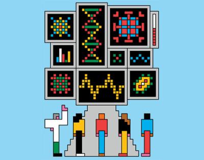 Illustration of people looking up a computer pixels