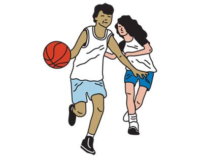 An illustration of two teens playing basketball together.
