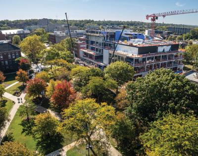 CWRU quad drone photo showing progress on the ISEB building