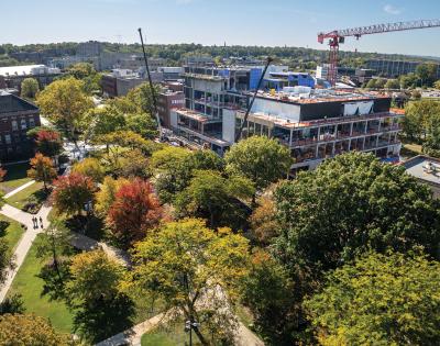 CWRU quad drone photo showing progress on the ISEB building
