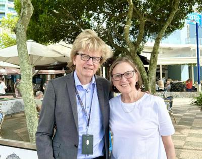 Margaret Kennedy and David Pedlar at an outdoor cafe