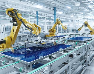 Photo of machines assembling solar panels in a factory